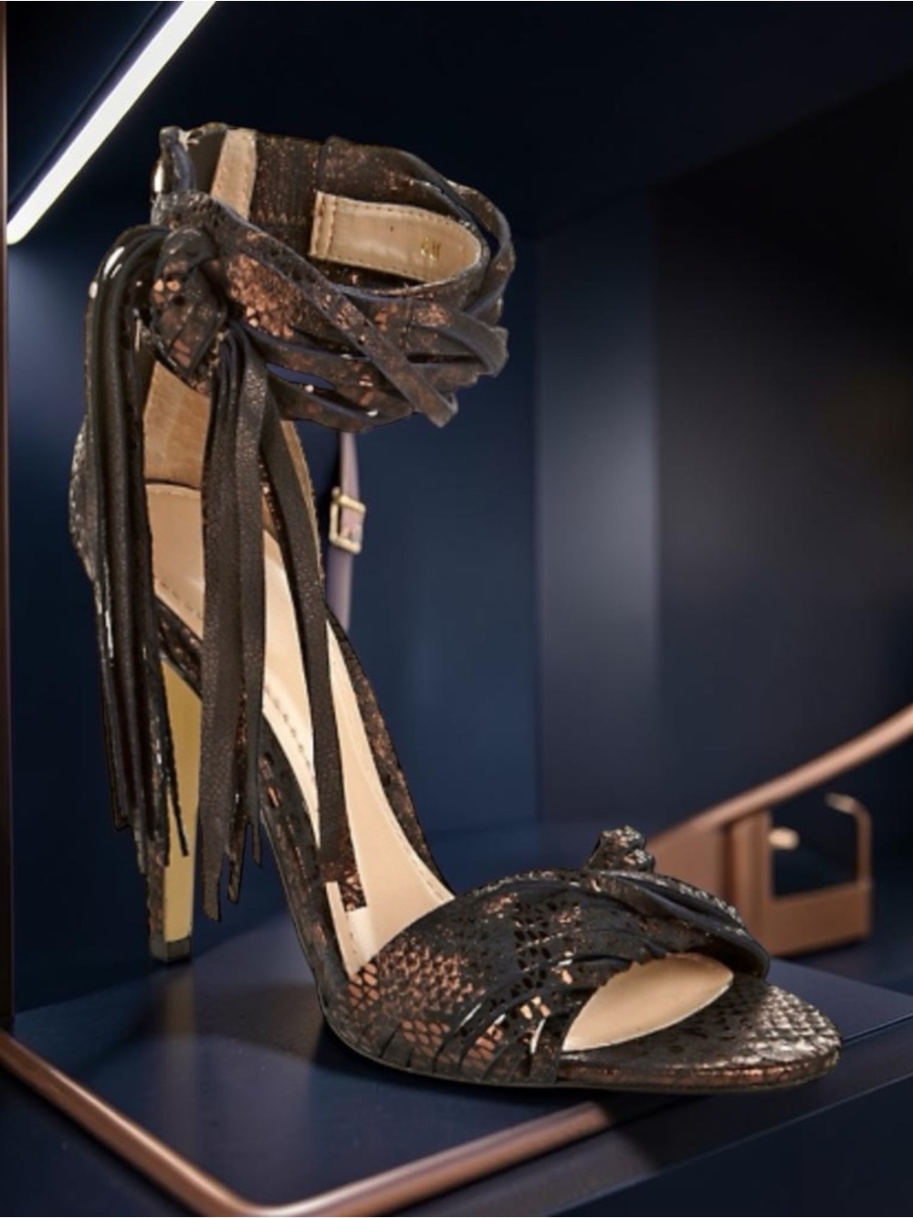 Black Metallic Fringe Ankle-Strap High Heel Sandals
